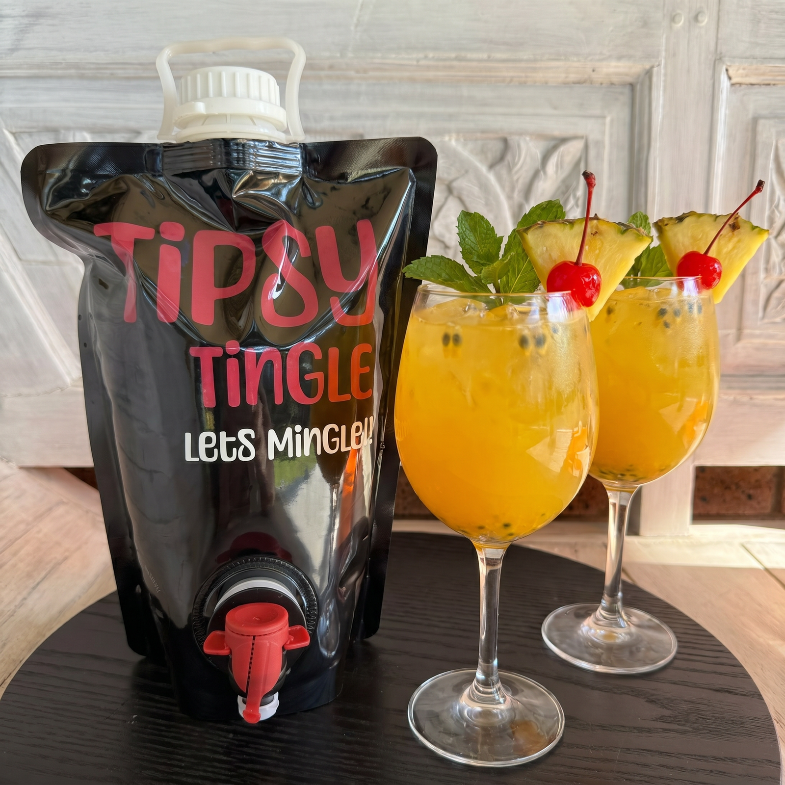 served cocktail with the packaging bag