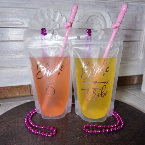 Bride and Bride Tribe cocktail drink pouches for hens parties